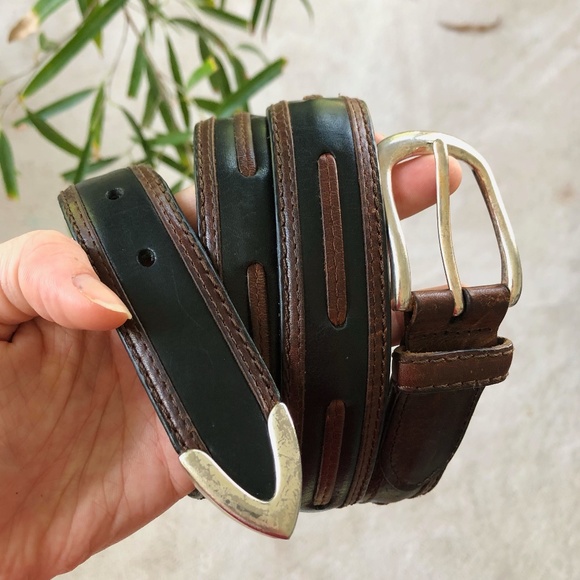 Vintage Leather Black / Brown Leather Belt - Picture 2 of 6